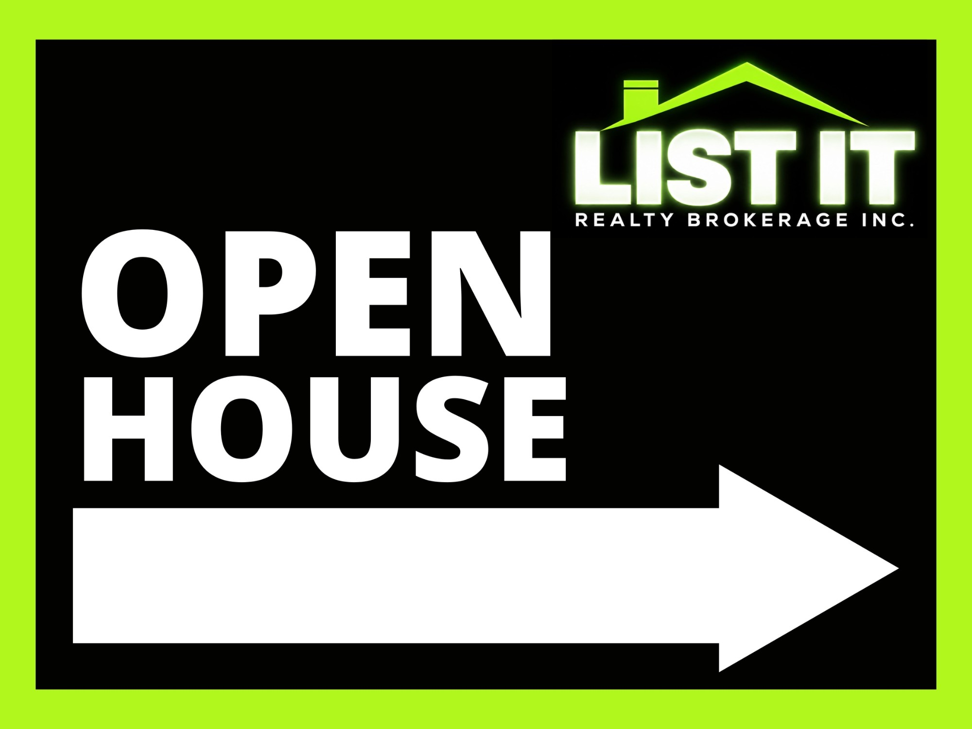 List It Realty open house directional sign with a QR code linking to the property listing