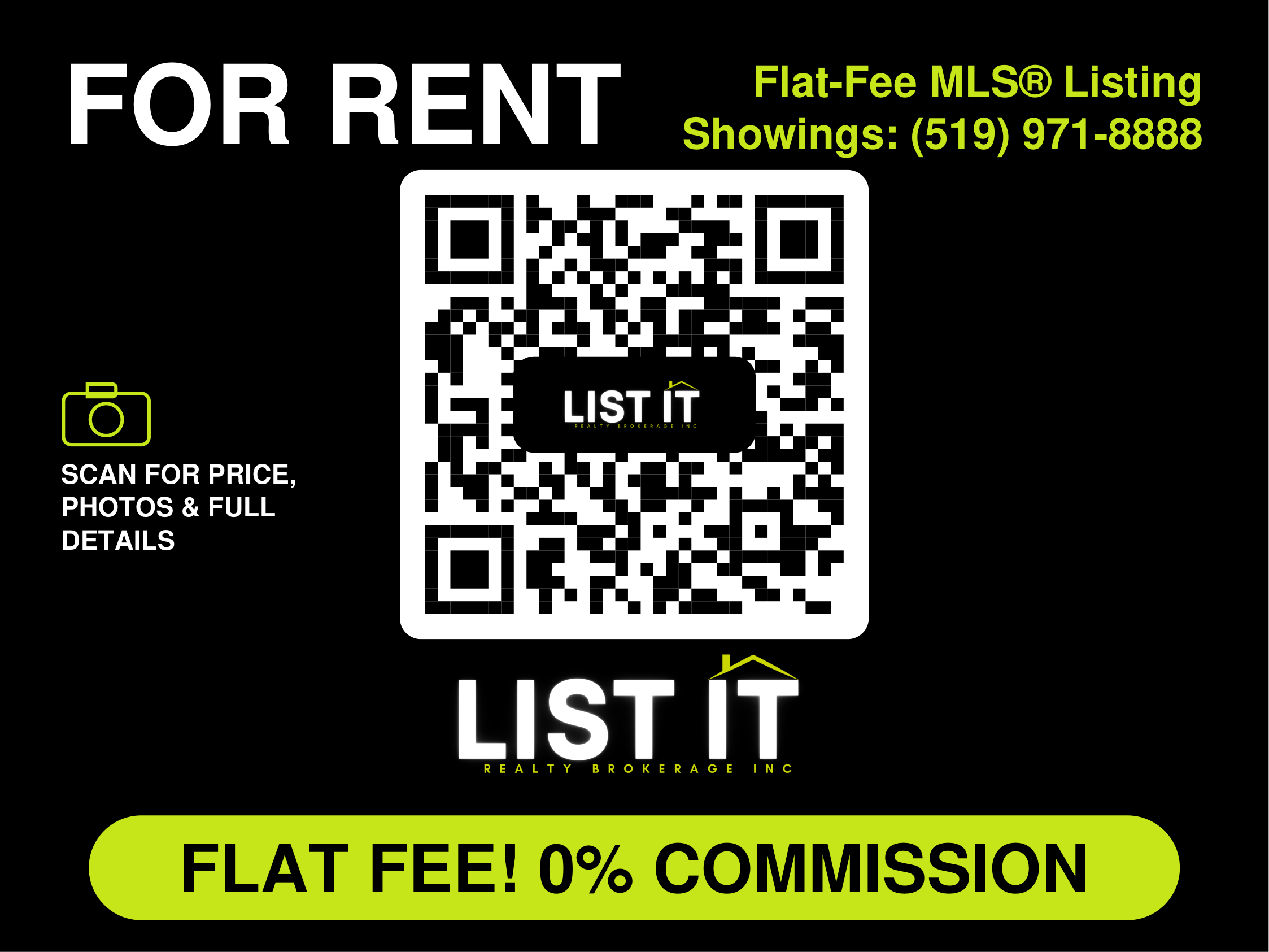 List It Realty For Rent QR yard sign for landlords with a QR code to the rental listing