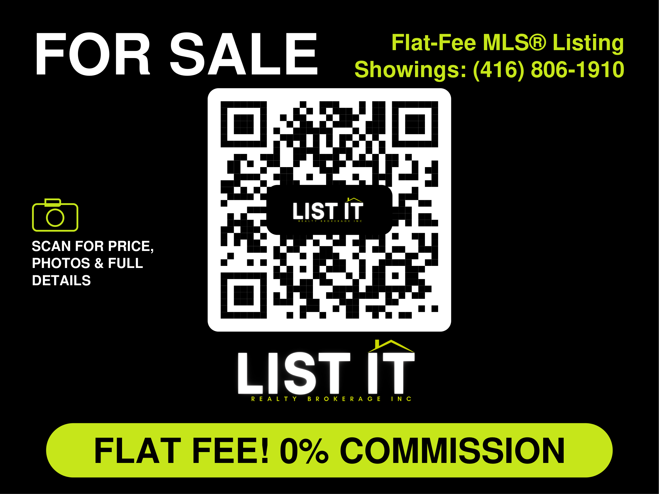 List It Realty For Sale QR yard sign with a scannable QR code linking to the property listing